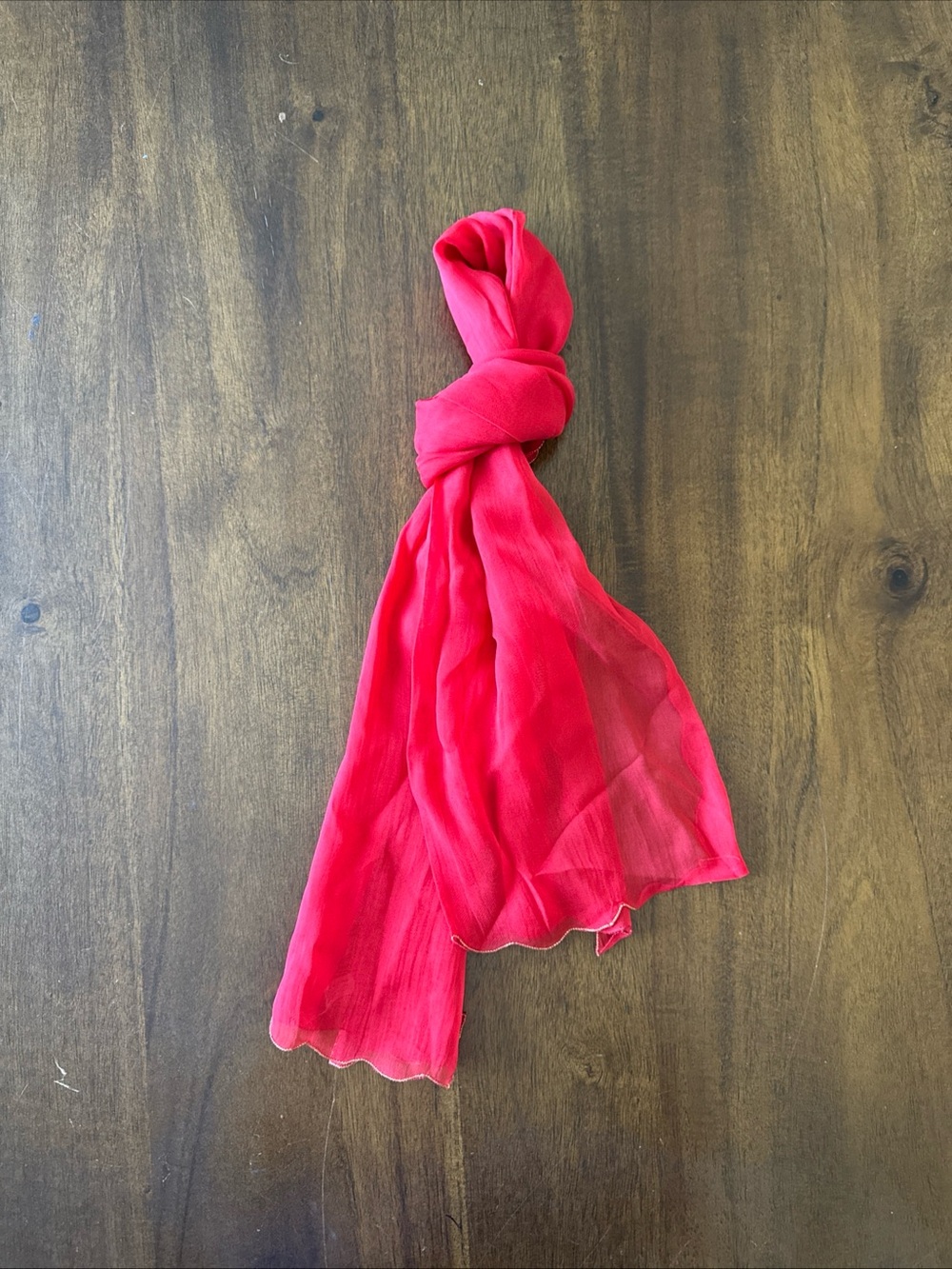 Sheer Red Scalloped Gold Stitched Edge Doubled Scarf Made in Japan Delicate